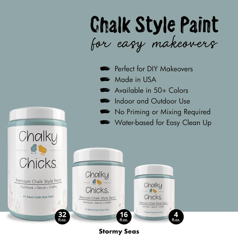 Chalky Chicks All-in-One Chalk Paint for Furniture or Cabinet - 32Fl Oz- Matte Finish Stormy Seas (Light Blue) for Metal, Wood Furniture Paint - No Sanding All-in-One for Home Decor & Crafts, USA Made - Image 2